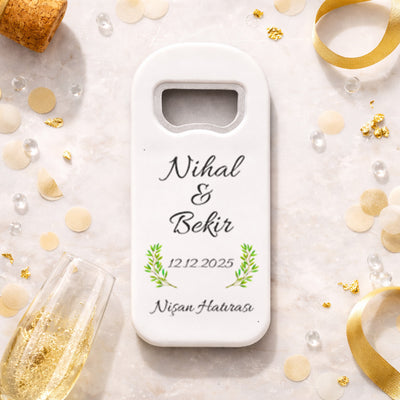 Minimal Yapraklı Düğün Magnet Açacak | Sade İsim Baskılı Nişan Hatırası