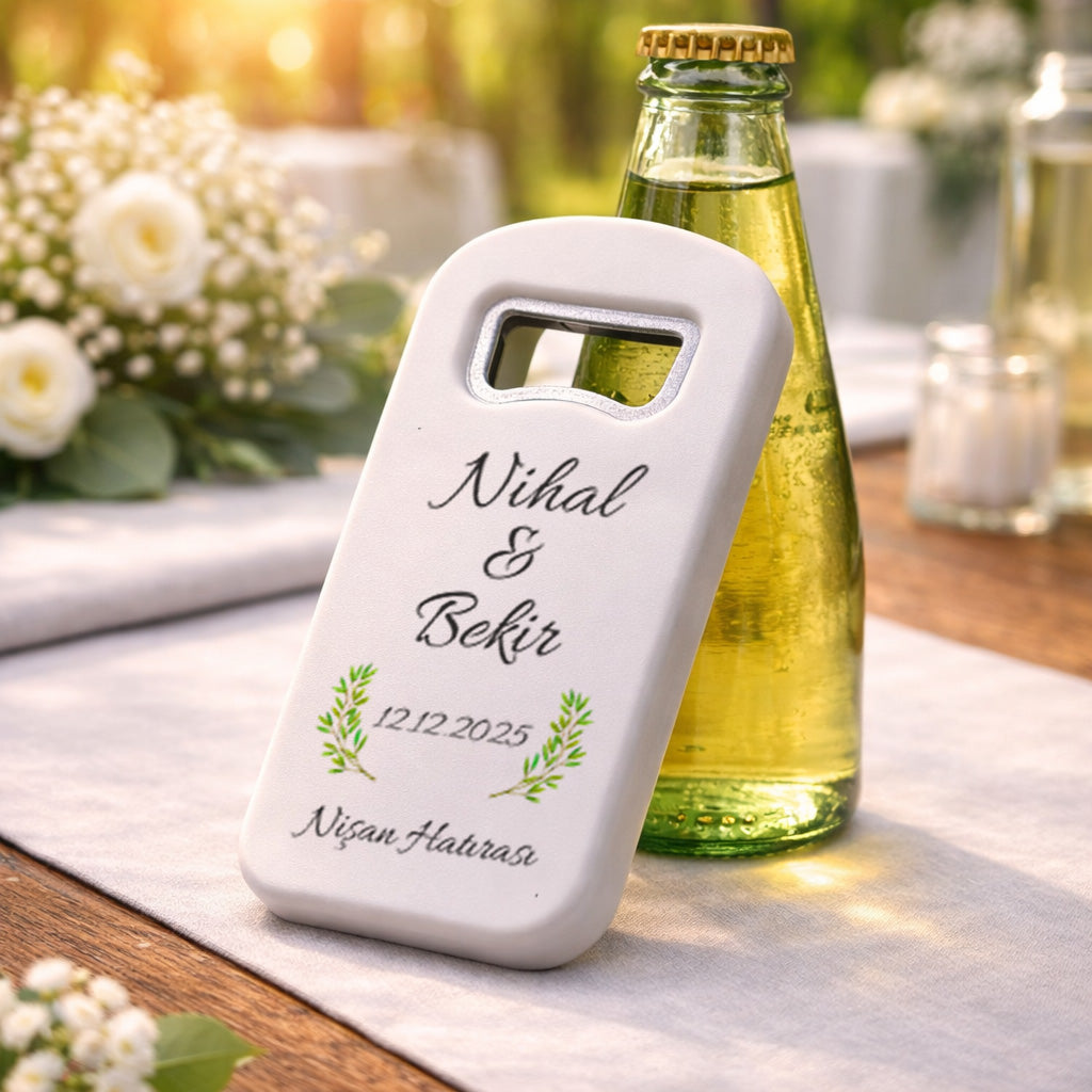 Minimal Yapraklı Düğün Magnet Açacak | Sade İsim Baskılı Nişan Hatırası
