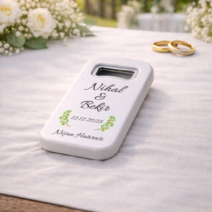 Minimal Yapraklı Düğün Magnet Açacak | Sade İsim Baskılı Nişan Hatırası