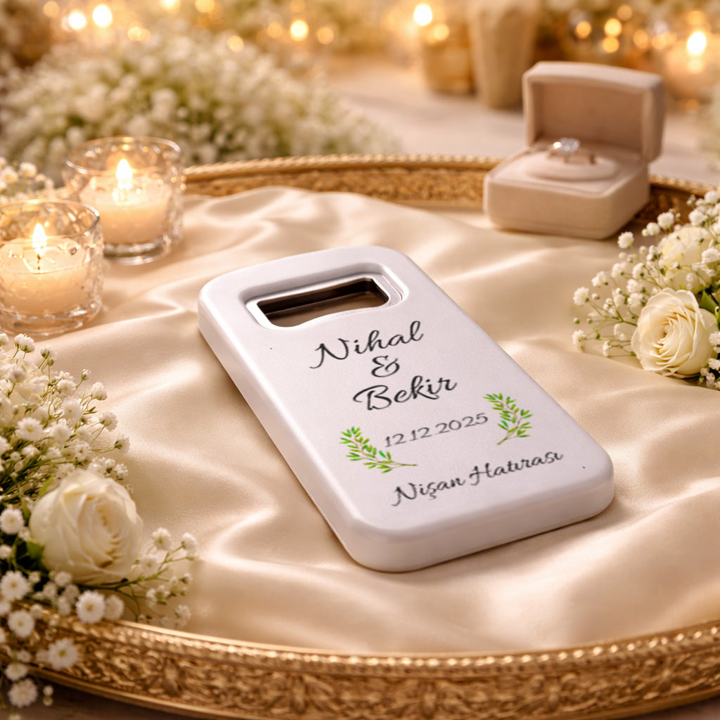 Minimal Yapraklı Düğün Magnet Açacak | Sade İsim Baskılı Nişan Hatırası