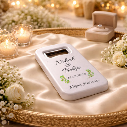 Minimal Yapraklı Düğün Magnet Açacak | Sade İsim Baskılı Nişan Hatırası
