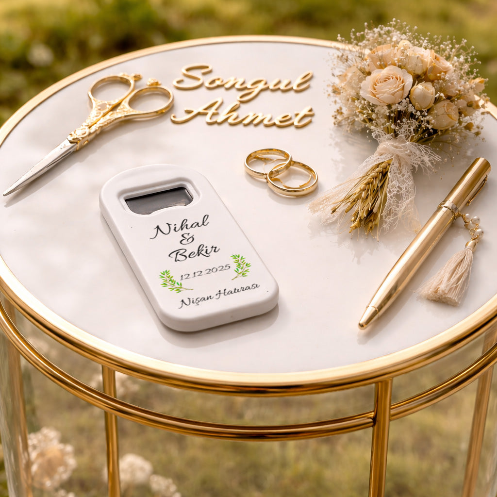Minimal Yapraklı Düğün Magnet Açacak | Sade İsim Baskılı Nişan Hatırası