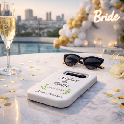 Minimal Yapraklı Düğün Magnet Açacak | Sade İsim Baskılı Nişan Hatırası