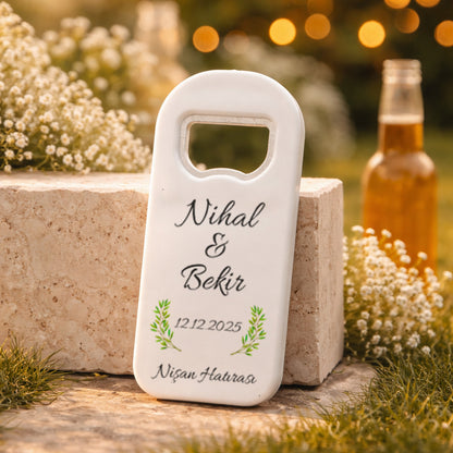 Minimal Yapraklı Düğün Magnet Açacak | Sade İsim Baskılı Nişan Hatırası