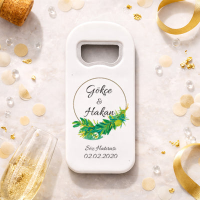 Zeytin Dalı Desenli Düğün Magnet Açacak | Doğal İsim Baskılı Söz Hatırası