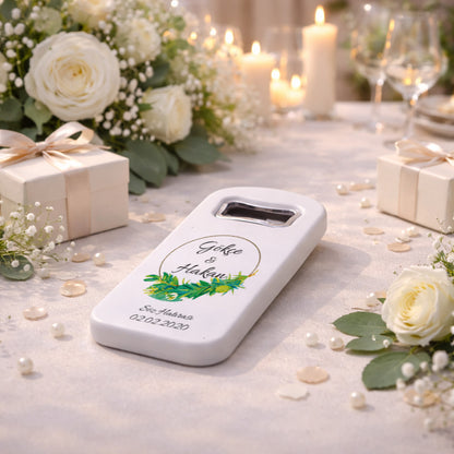 Zeytin Dalı Desenli Düğün Magnet Açacak | Doğal İsim Baskılı Söz Hatırası