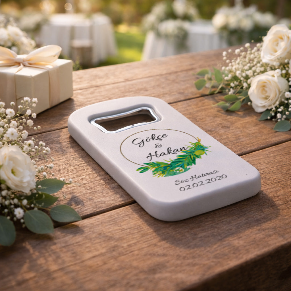 Zeytin Dalı Desenli Düğün Magnet Açacak | Doğal İsim Baskılı Söz Hatırası