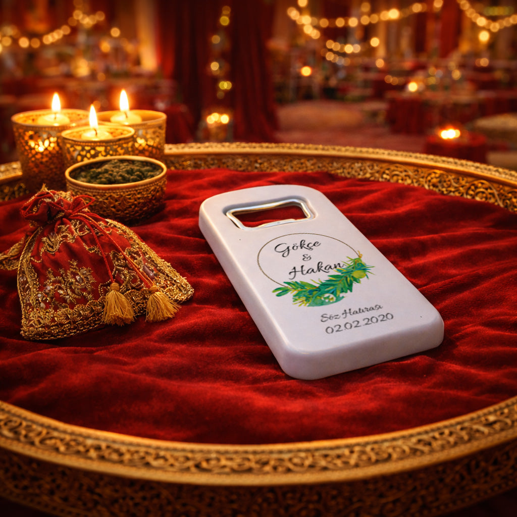 Zeytin Dalı Desenli Düğün Magnet Açacak | Doğal İsim Baskılı Söz Hatırası