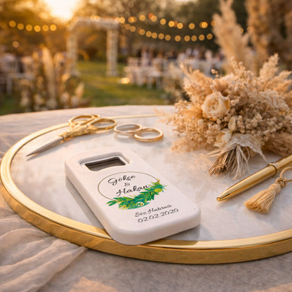 Zeytin Dalı Desenli Düğün Magnet Açacak | Doğal İsim Baskılı Söz Hatırası