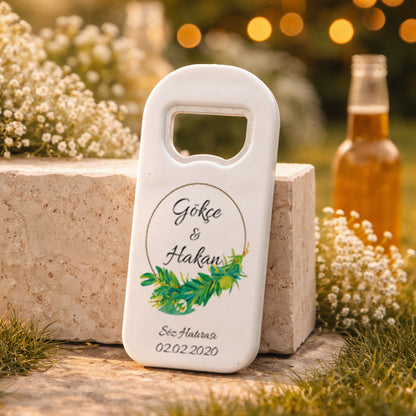 Zeytin Dalı Desenli Düğün Magnet Açacak | Doğal İsim Baskılı Söz Hatırası