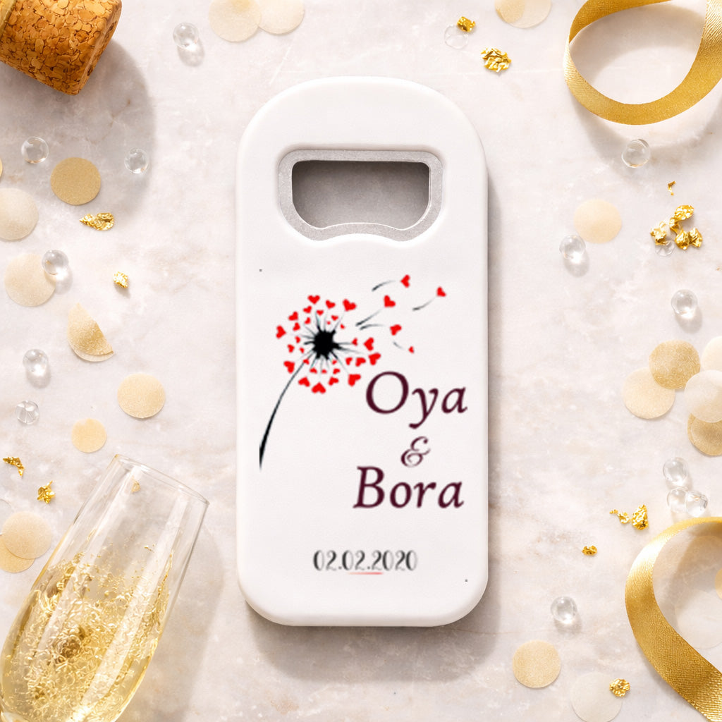 Kalpli Karahindiba Düğün Magnet Açacak | Romantik İsim Baskılı Hatıra