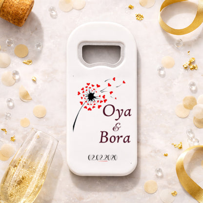 Kalpli Karahindiba Düğün Magnet Açacak | Romantik İsim Baskılı Hatıra