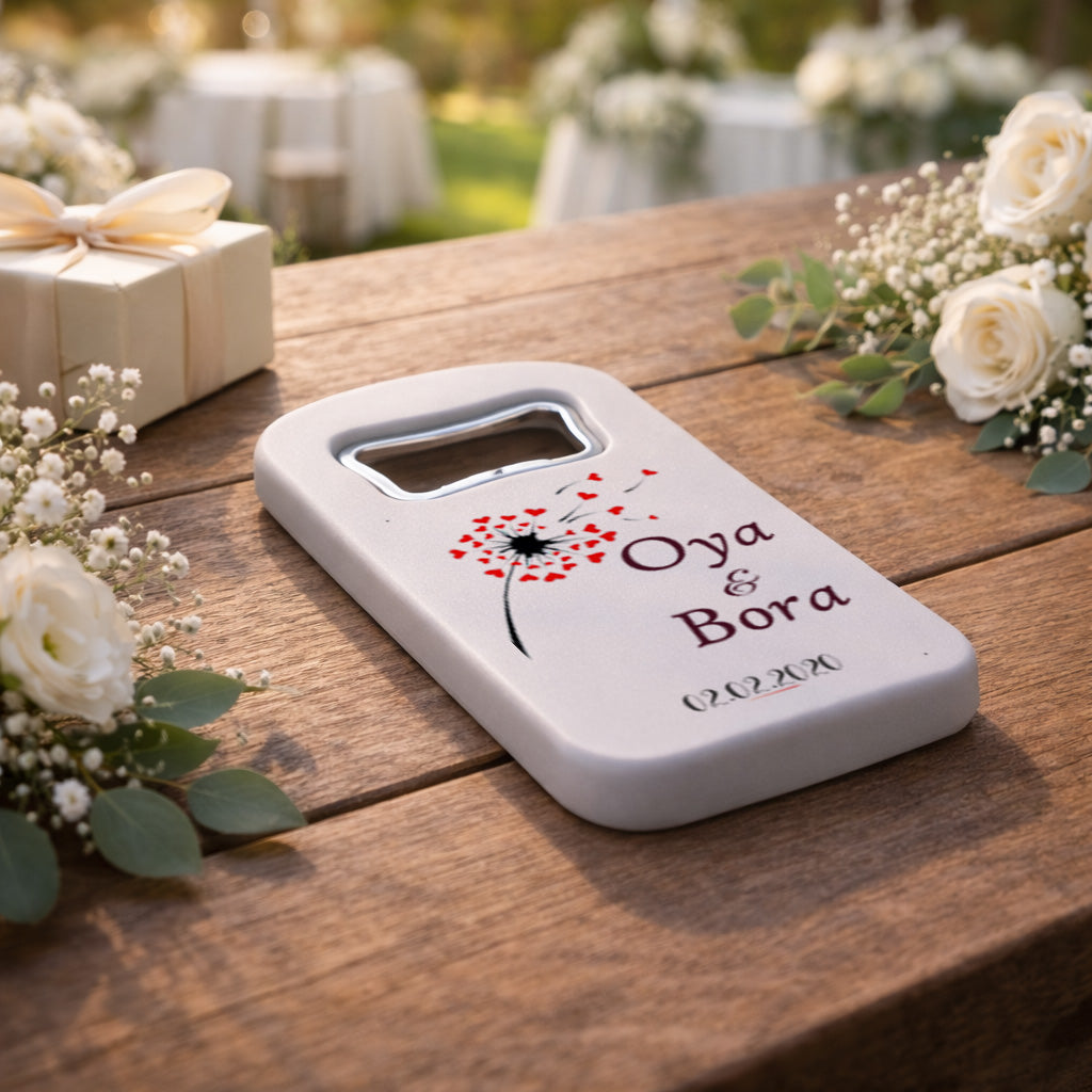 Kalpli Karahindiba Düğün Magnet Açacak | Romantik İsim Baskılı Hatıra