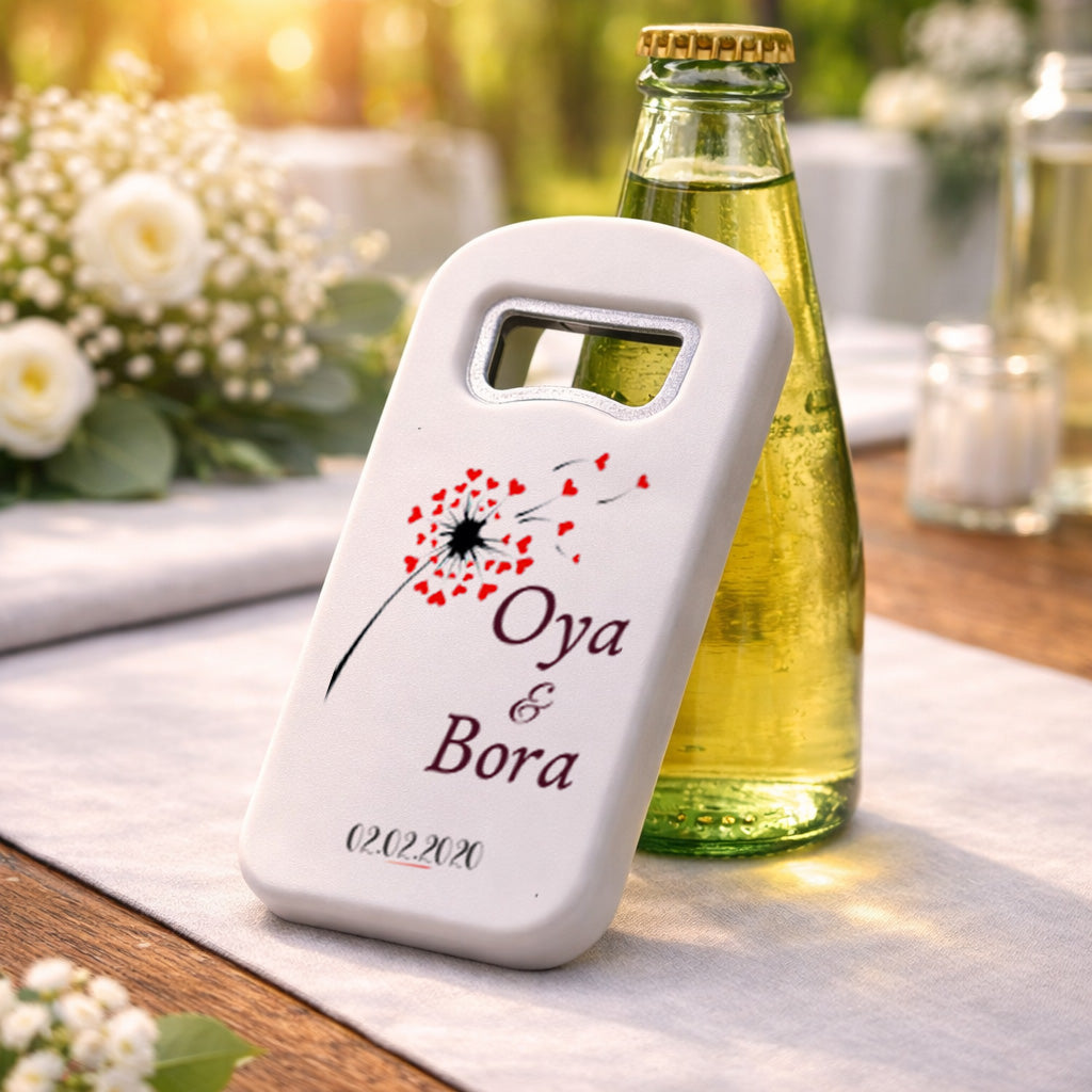 Kalpli Karahindiba Düğün Magnet Açacak | Romantik İsim Baskılı Hatıra