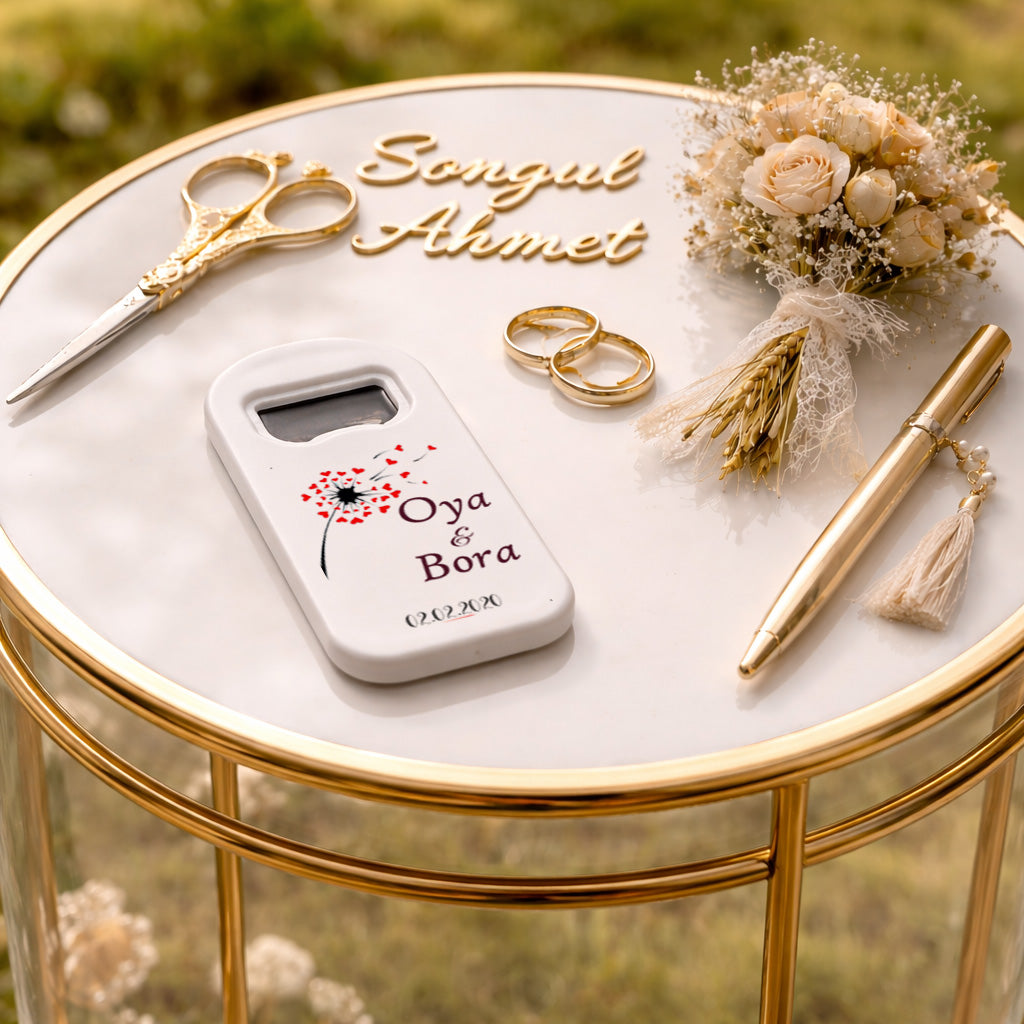 Kalpli Karahindiba Düğün Magnet Açacak | Romantik İsim Baskılı Hatıra
