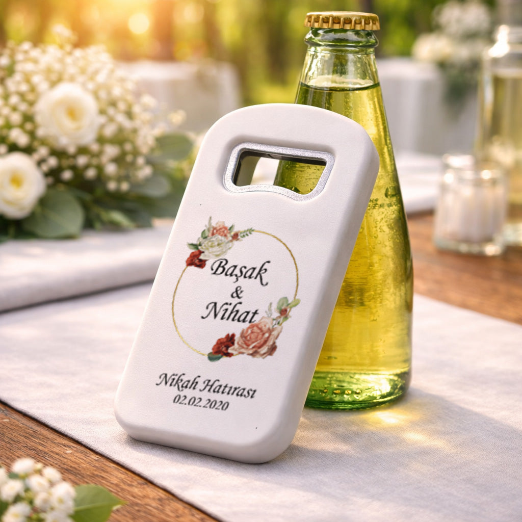 Vintage Gül Desenli Düğün Magnet Açacak | Gold Halka İsim Baskılı Nikah Hatırası