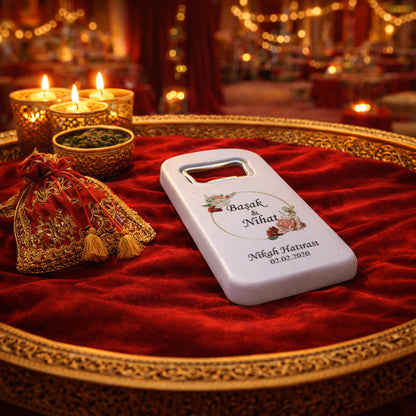 Vintage Gül Desenli Düğün Magnet Açacak | Gold Halka İsim Baskılı Nikah Hatırası