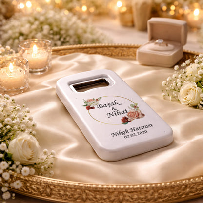 Vintage Gül Desenli Düğün Magnet Açacak | Gold Halka İsim Baskılı Nikah Hatırası