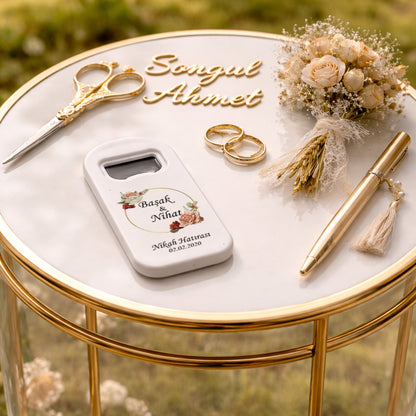 Vintage Gül Desenli Düğün Magnet Açacak | Gold Halka İsim Baskılı Nikah Hatırası