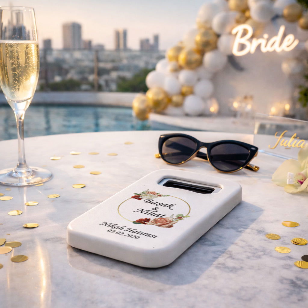 Vintage Gül Desenli Düğün Magnet Açacak | Gold Halka İsim Baskılı Nikah Hatırası