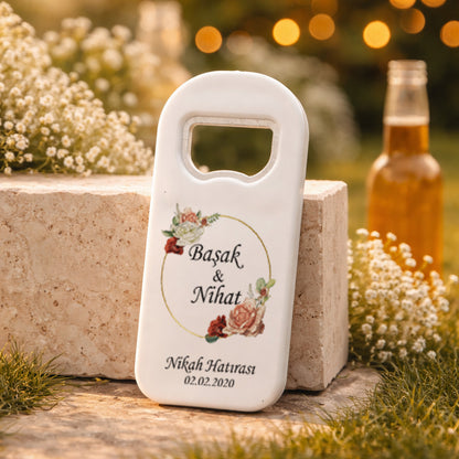Vintage Gül Desenli Düğün Magnet Açacak | Gold Halka İsim Baskılı Nikah Hatırası