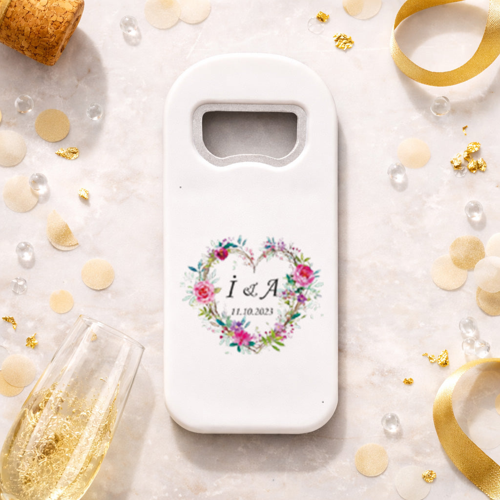 Çiçekli Kalp Düğün Magnet Açacak | Romantik İsim Baş Harfli Hatıra
