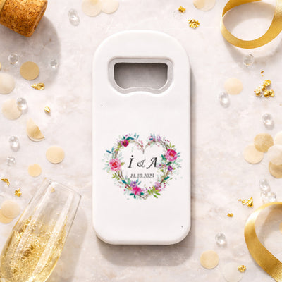 Çiçekli Kalp Düğün Magnet Açacak | Romantik İsim Baş Harfli Hatıra