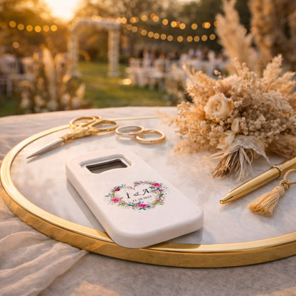 Çiçekli Kalp Düğün Magnet Açacak | Romantik İsim Baş Harfli Hatıra