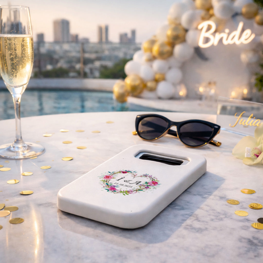 Çiçekli Kalp Düğün Magnet Açacak | Romantik İsim Baş Harfli Hatıra