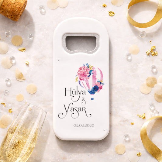 Çiçekli Balon Düğün Magnet Açacak | Romantik İsim Baskılı Özel Tasarım Hatıra