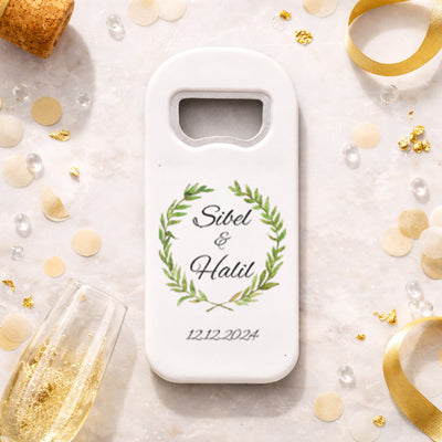 Zeytin Dalı Çelenk Düğün Magnet Açacak | Sade Doğal İsim Baskılı Hatıra
