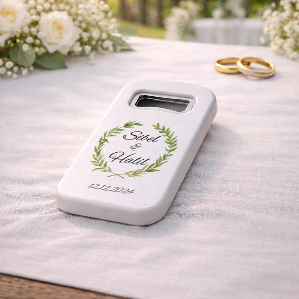 Zeytin Dalı Çelenk Düğün Magnet Açacak | Sade Doğal İsim Baskılı Hatıra