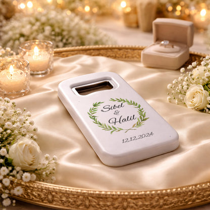 Zeytin Dalı Çelenk Düğün Magnet Açacak | Sade Doğal İsim Baskılı Hatıra