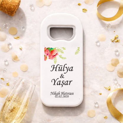 Köşe Çiçekli Düğün Magnet Açacak | Sade İsim Baskılı Nikah Hatırası