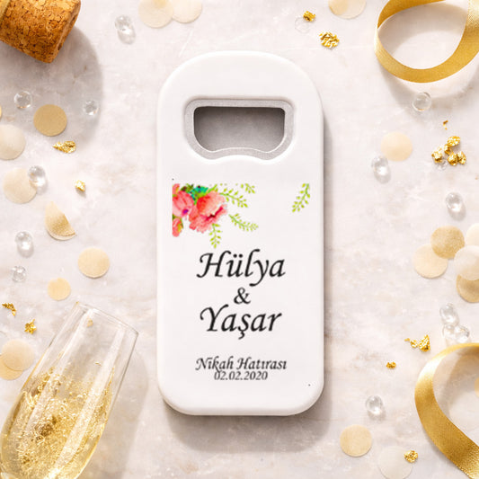 Köşe Çiçekli Düğün Magnet Açacak | Sade İsim Baskılı Nikah Hatırası