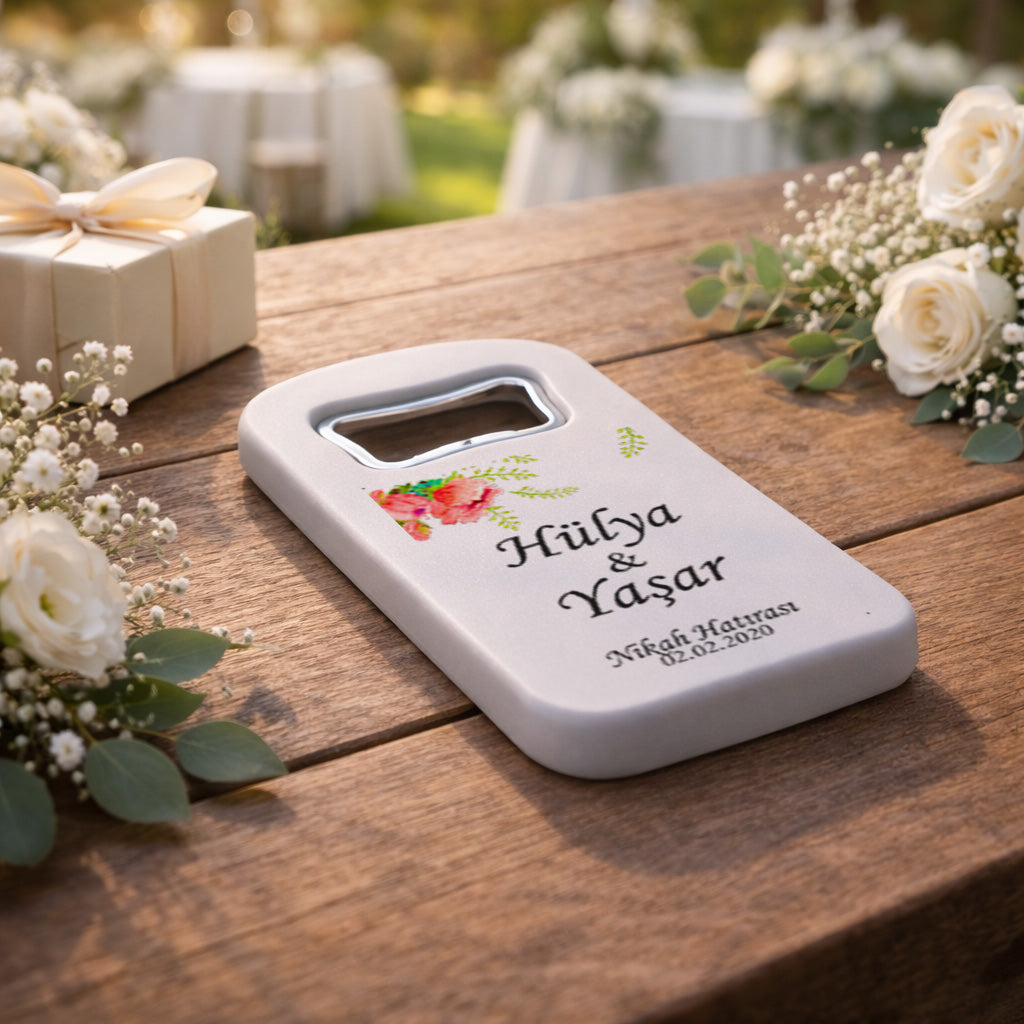 Köşe Çiçekli Düğün Magnet Açacak | Sade İsim Baskılı Nikah Hatırası
