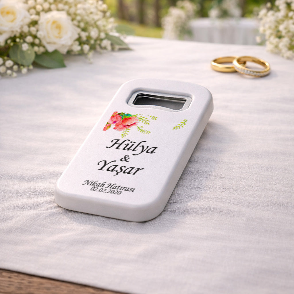 Köşe Çiçekli Düğün Magnet Açacak | Sade İsim Baskılı Nikah Hatırası