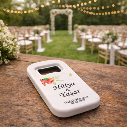 Köşe Çiçekli Düğün Magnet Açacak | Sade İsim Baskılı Nikah Hatırası