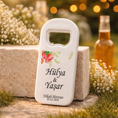 Köşe Çiçekli Düğün Magnet Açacak | Sade İsim Baskılı Nikah Hatırası