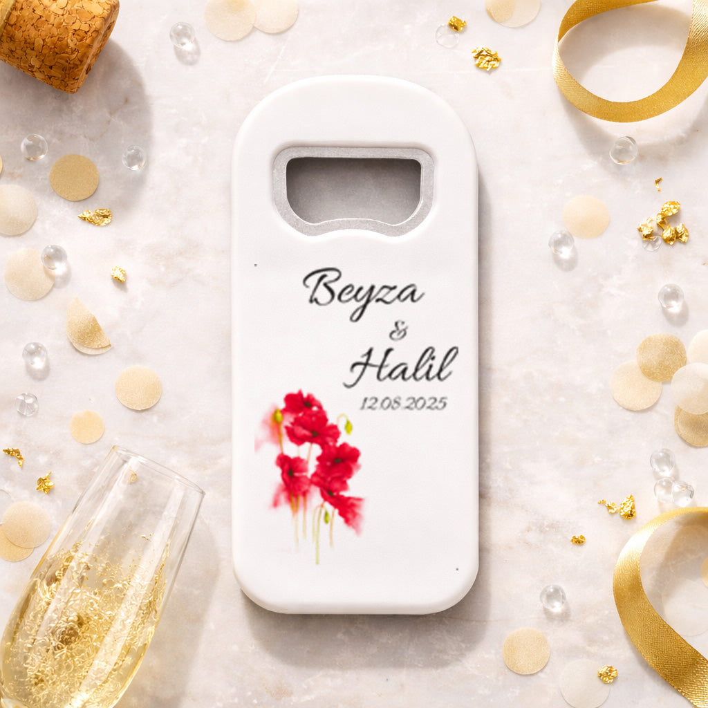 Kırmızı Çiçekli Düğün Magnet Açacak | Sade Şık İsim Baskılı Nikah Hatırası
