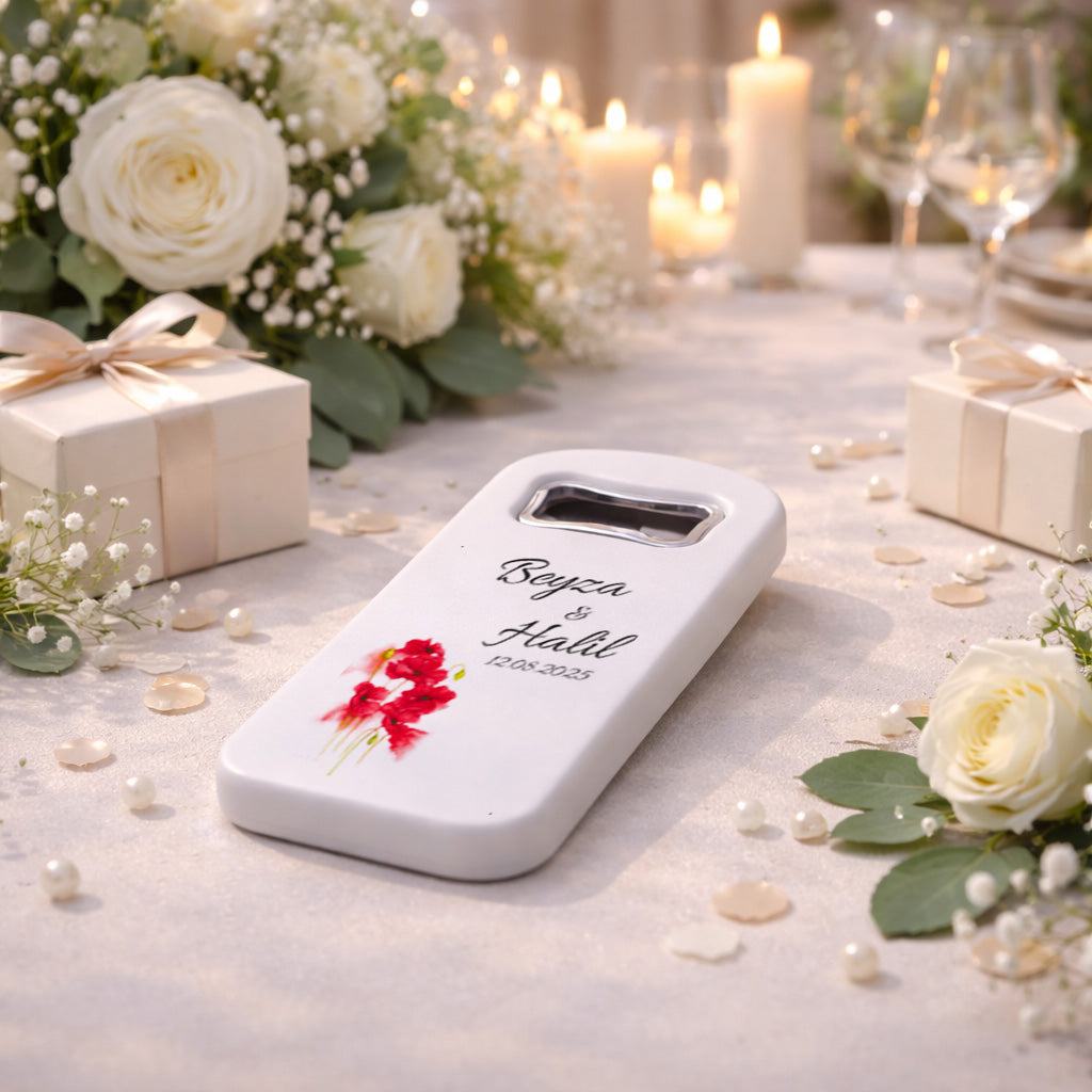 Kırmızı Çiçekli Düğün Magnet Açacak | Sade Şık İsim Baskılı Nikah Hatırası