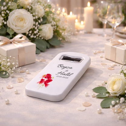 Kırmızı Çiçekli Düğün Magnet Açacak | Sade Şık İsim Baskılı Nikah Hatırası