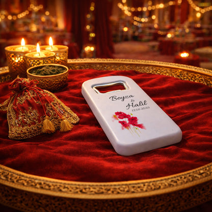 Kırmızı Çiçekli Düğün Magnet Açacak | Sade Şık İsim Baskılı Nikah Hatırası