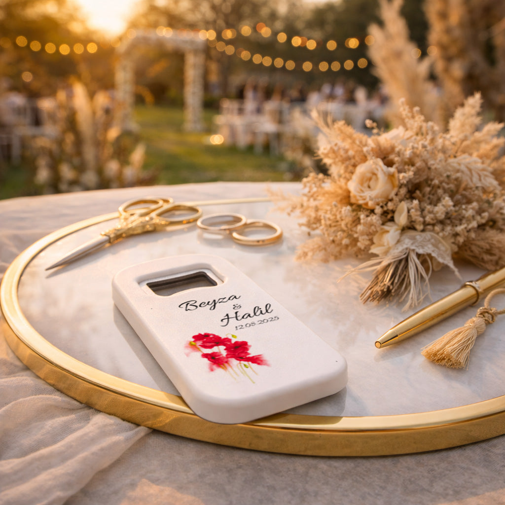 Kırmızı Çiçekli Düğün Magnet Açacak | Sade Şık İsim Baskılı Nikah Hatırası