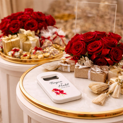 Kırmızı Çiçekli Düğün Magnet Açacak | Sade Şık İsim Baskılı Nikah Hatırası