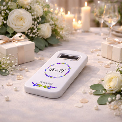 Mor Çiçek Çelenk Düğün Magnet Açacak | Minimal Baş Harfli İsim Baskılı