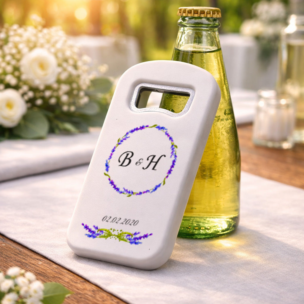 Mor Çiçek Çelenk Düğün Magnet Açacak | Minimal Baş Harfli İsim Baskılı