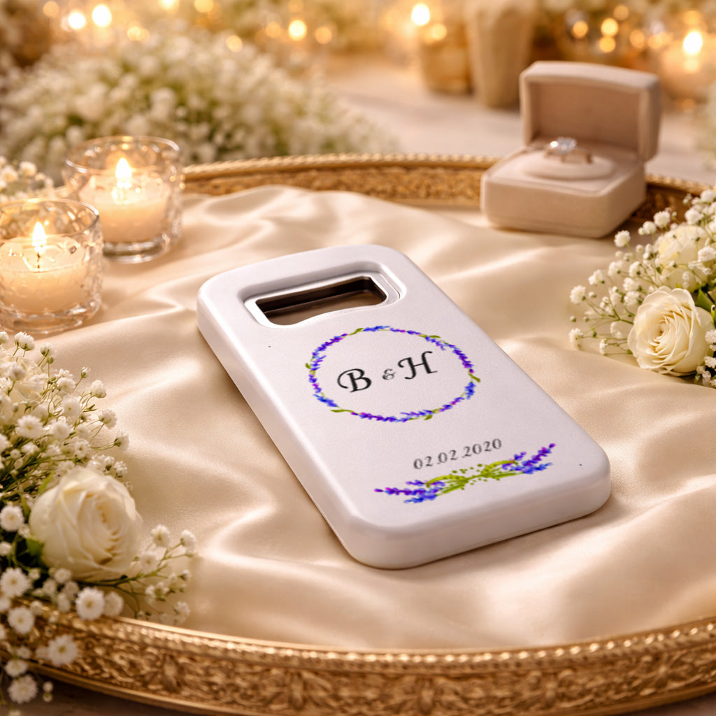 Mor Çiçek Çelenk Düğün Magnet Açacak | Minimal Baş Harfli İsim Baskılı