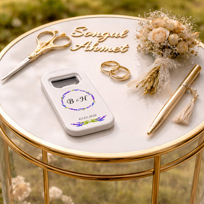 Mor Çiçek Çelenk Düğün Magnet Açacak | Minimal Baş Harfli İsim Baskılı