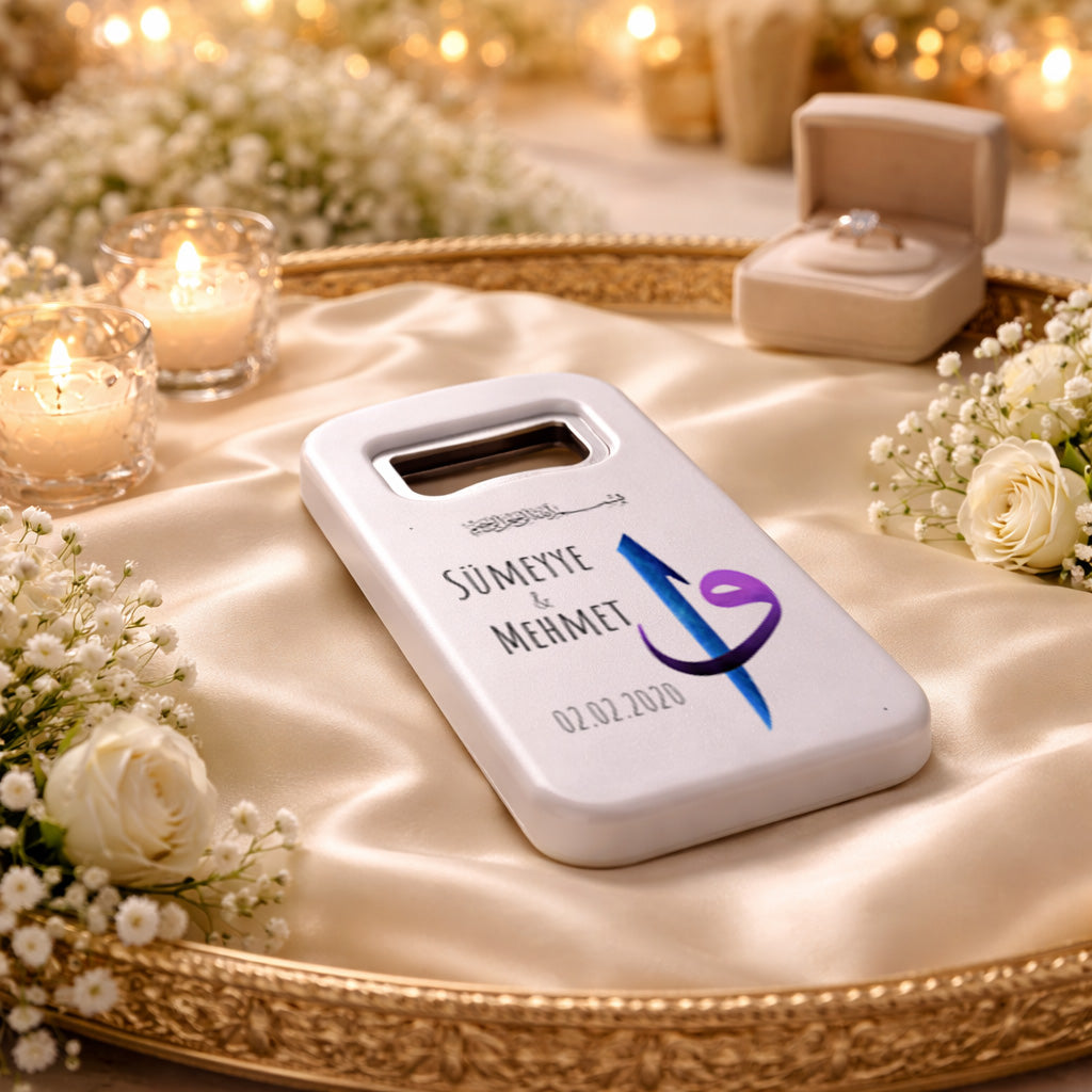 Besmele Detaylı Hat Sanatı Düğün Magnet Açacak | İsimli Özel Tasarım